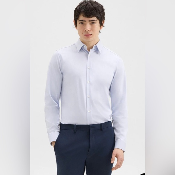 NWT Theory Sylvain ND Shirt Sleet Blue Button Collar Structure Knit J0794505 New - Picture 1 of 11